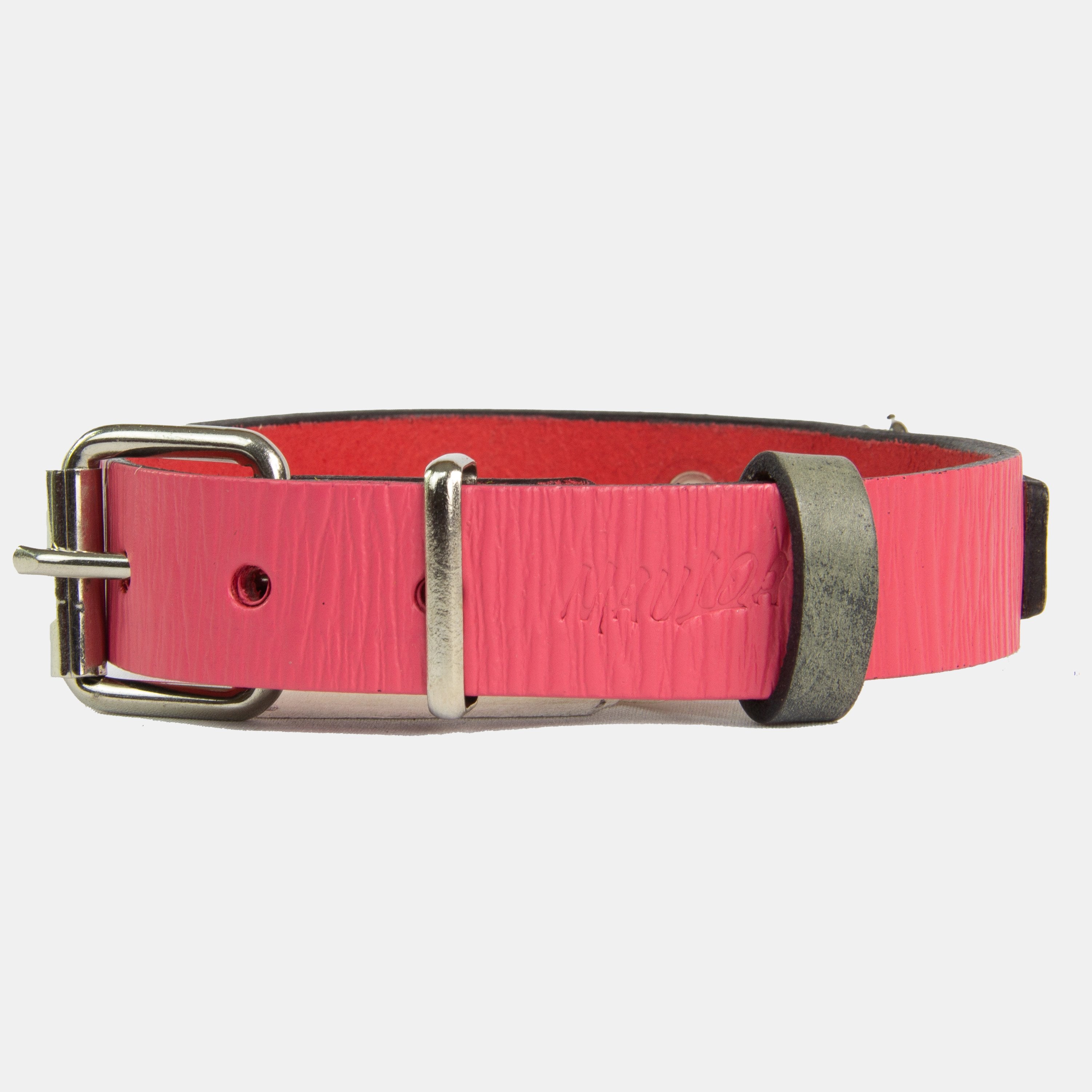 Collar para perros Mauloa, hecho en cuero, modelo Duke, color Fucsia Corrugado con Gris